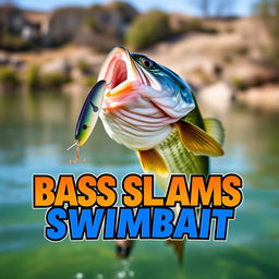 A captivating 1920x1080 thumbnail featuring a large bass fish powerfully striking a swimbait lure, with no hands or fishing rod in sight