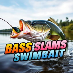 A captivating 1920x1080 thumbnail featuring a large bass fish powerfully striking a swimbait lure, with no hands or fishing rod in sight