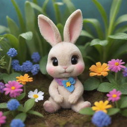 A tiny, curious bunny named Little Luna living in the vibrant, magical land of Bloomberry, filled with bright and whimsical vegetation.