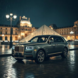 A luxurious Rolls Royce Cullinan parked in front of the Louvre Museum at night, surrounded by a gentle rain that adds a reflective sheen to the cobblestone streets