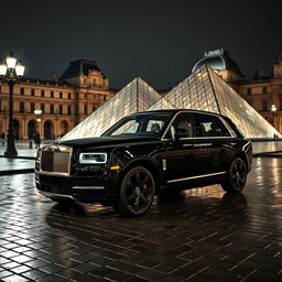 A luxurious Rolls Royce Cullinan parked in front of the Louvre Museum at night, surrounded by a gentle rain that adds a reflective sheen to the cobblestone streets