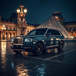 A luxurious Rolls Royce Cullinan parked in front of the Louvre Museum at night, surrounded by a gentle rain that adds a reflective sheen to the cobblestone streets