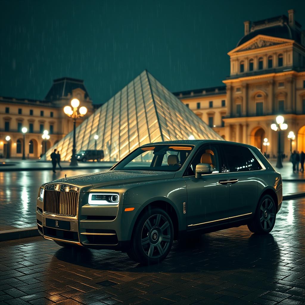 A luxurious Rolls Royce Cullinan parked in front of the Louvre Museum at night, surrounded by a gentle rain that adds a reflective sheen to the cobblestone streets