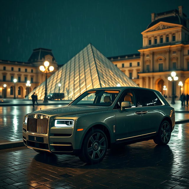 A luxurious Rolls Royce Cullinan parked in front of the Louvre Museum at night, surrounded by a gentle rain that adds a reflective sheen to the cobblestone streets