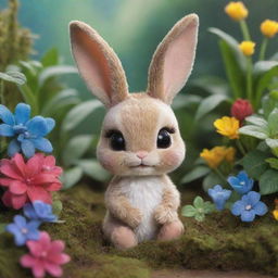 A tiny, curious bunny named Little Luna living in the vibrant, magical land of Bloomberry, filled with bright and whimsical vegetation.