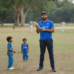 An image capturing Rohit Sharma as a regular Indian dad, casually dressed, playing cricket with children in the park set against an everyday Indian neighbourhood background.