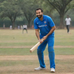 An image capturing Rohit Sharma as a regular Indian dad, casually dressed, playing cricket with children in the park set against an everyday Indian neighbourhood background.