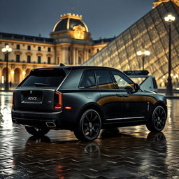 A stunning Rolls Royce Cullinan in matte black finish and tinted windows parked in front of the Louvre Museum at night, under a soft rain that creates a glossy reflection on the wet cobblestone streets