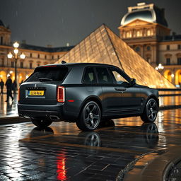 A stunning Rolls Royce Cullinan in matte black finish and tinted windows parked in front of the Louvre Museum at night, under a soft rain that creates a glossy reflection on the wet cobblestone streets