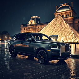 A stunning Rolls Royce Cullinan in matte black finish and tinted windows parked in front of the Louvre Museum at night, under a soft rain that creates a glossy reflection on the wet cobblestone streets