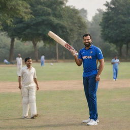 An image capturing Rohit Sharma as a regular Indian dad, casually dressed, playing cricket with children in the park set against an everyday Indian neighbourhood background.