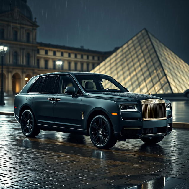 A stunning Rolls Royce Cullinan in matte black finish and tinted windows parked in front of the Louvre Museum at night, under a soft rain that creates a glossy reflection on the wet cobblestone streets