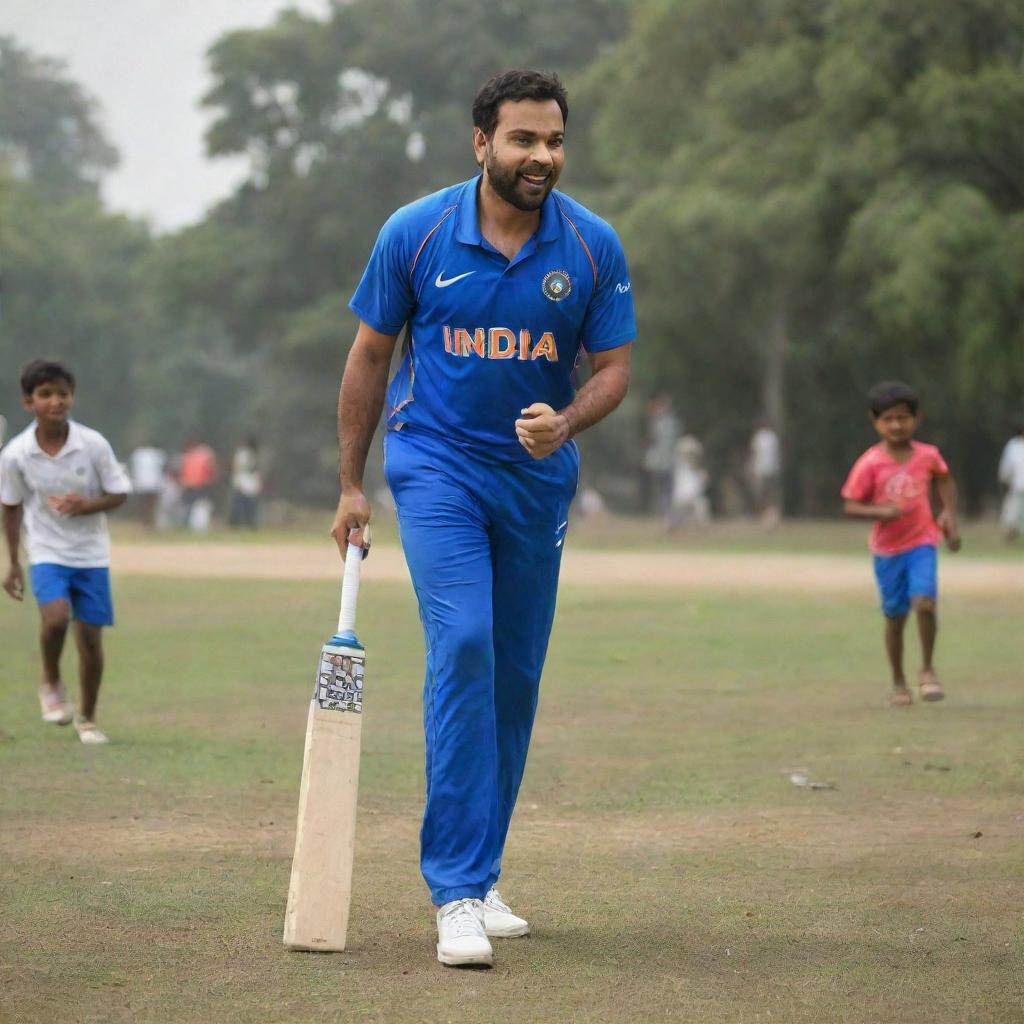 An image capturing Rohit Sharma as a regular Indian dad, casually dressed, playing cricket with children in the park set against an everyday Indian neighbourhood background.