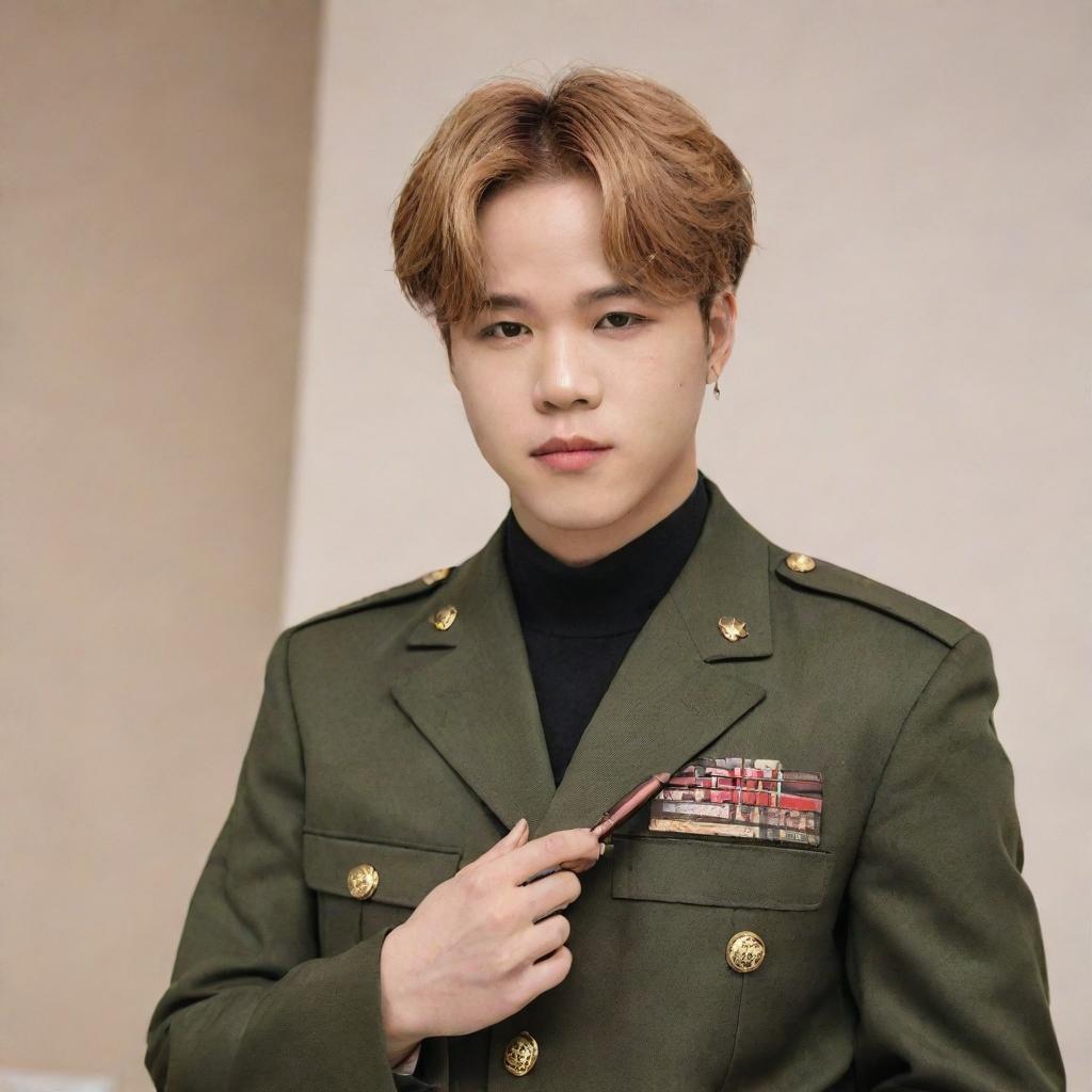 Jimin from BTS dressed in a stylish military suit, elegantly holding a set of makeup in his hand