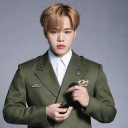 Jimin from BTS dressed in a stylish military suit, elegantly holding a set of makeup in his hand