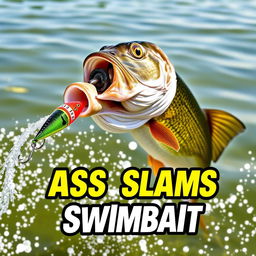 A striking 1920x1080 thumbnail featuring a large bass fish energetically attacking a swimbait lure, with no hands or fishing rod visible, ensuring the focus remains solely on the thrilling action