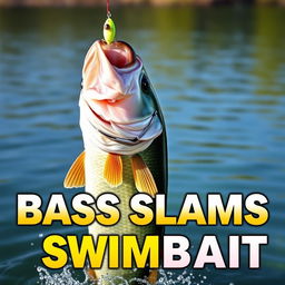 An engaging 1920x1080 thumbnail capturing the exhilarating moment of a large bass fish striking a swimbait lure, with no hands or fishing rod present