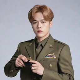 Jimin from BTS dressed in a stylish military suit, elegantly holding a set of makeup in his hand