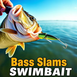 An engaging 1920x1080 thumbnail capturing the exhilarating moment of a large bass fish striking a swimbait lure, with no hands or fishing rod present