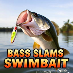 An engaging 1920x1080 thumbnail capturing the exhilarating moment of a large bass fish striking a swimbait lure, with no hands or fishing rod present