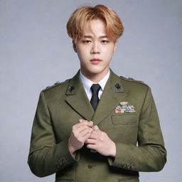 Jimin from BTS dressed in a stylish military suit, elegantly holding a set of makeup in his hand