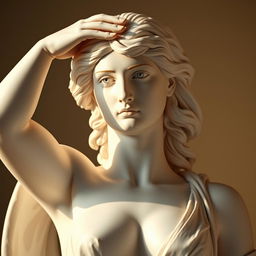 A half-body sculpture of a stunning Greek goddess carved in smooth, pristine white marble, capturing a dynamic and expressive style reminiscent of Michelangelo