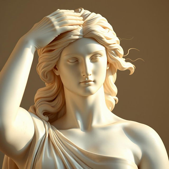 A half-body sculpture of a stunning Greek goddess carved in smooth, pristine white marble, capturing a dynamic and expressive style reminiscent of Michelangelo