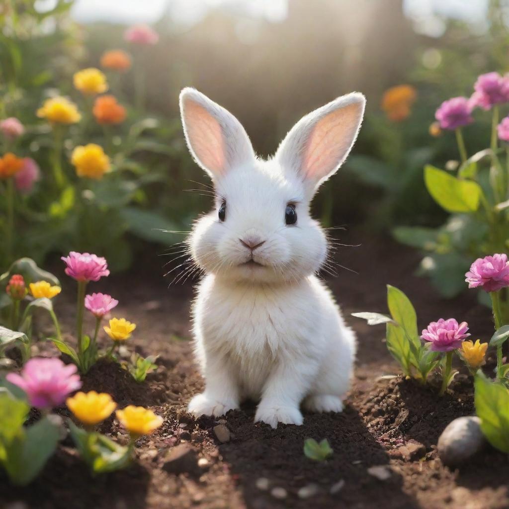 Little Luna, the tiny bunny, discovering magical, glowing seeds in her colourful garden on a bright, sunny day.