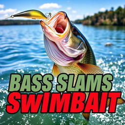 A dynamic 1920x1080 thumbnail showcasing a large bass fish aggressively striking a swimbait lure, with no hands or fishing rod present to emphasize the action