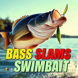 A dynamic 1920x1080 thumbnail showcasing a large bass fish aggressively striking a swimbait lure, with no hands or fishing rod present to emphasize the action