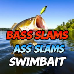 A dynamic 1920x1080 thumbnail showcasing a large bass fish aggressively striking a swimbait lure, with no hands or fishing rod present to emphasize the action