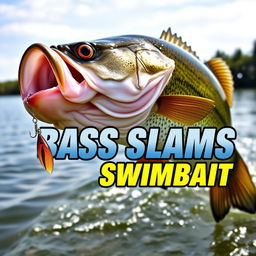 A dynamic 1920x1080 thumbnail showcasing a large bass fish aggressively striking a swimbait lure, with no hands or fishing rod present to emphasize the action