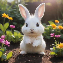 Little Luna, the tiny bunny, discovering magical, glowing seeds in her colourful garden on a bright, sunny day.