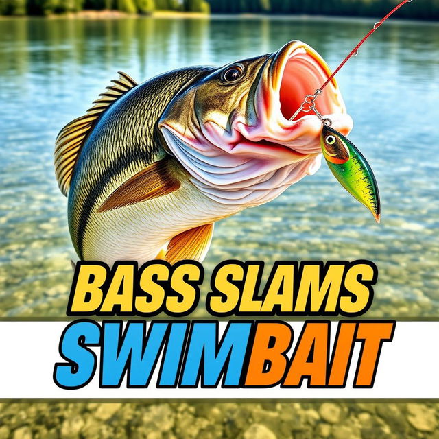 An eye-catching 1920x1080 thumbnail depicting a large bass fish powerfully striking a swimbait lure, with no hands or fishing rod in sight to accentuate the exciting moment