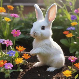 Little Luna, the tiny bunny, discovering magical, glowing seeds in her colourful garden on a bright, sunny day.