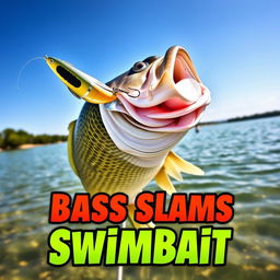 An eye-catching 1920x1080 thumbnail depicting a large bass fish powerfully striking a swimbait lure, with no hands or fishing rod in sight to accentuate the exciting moment