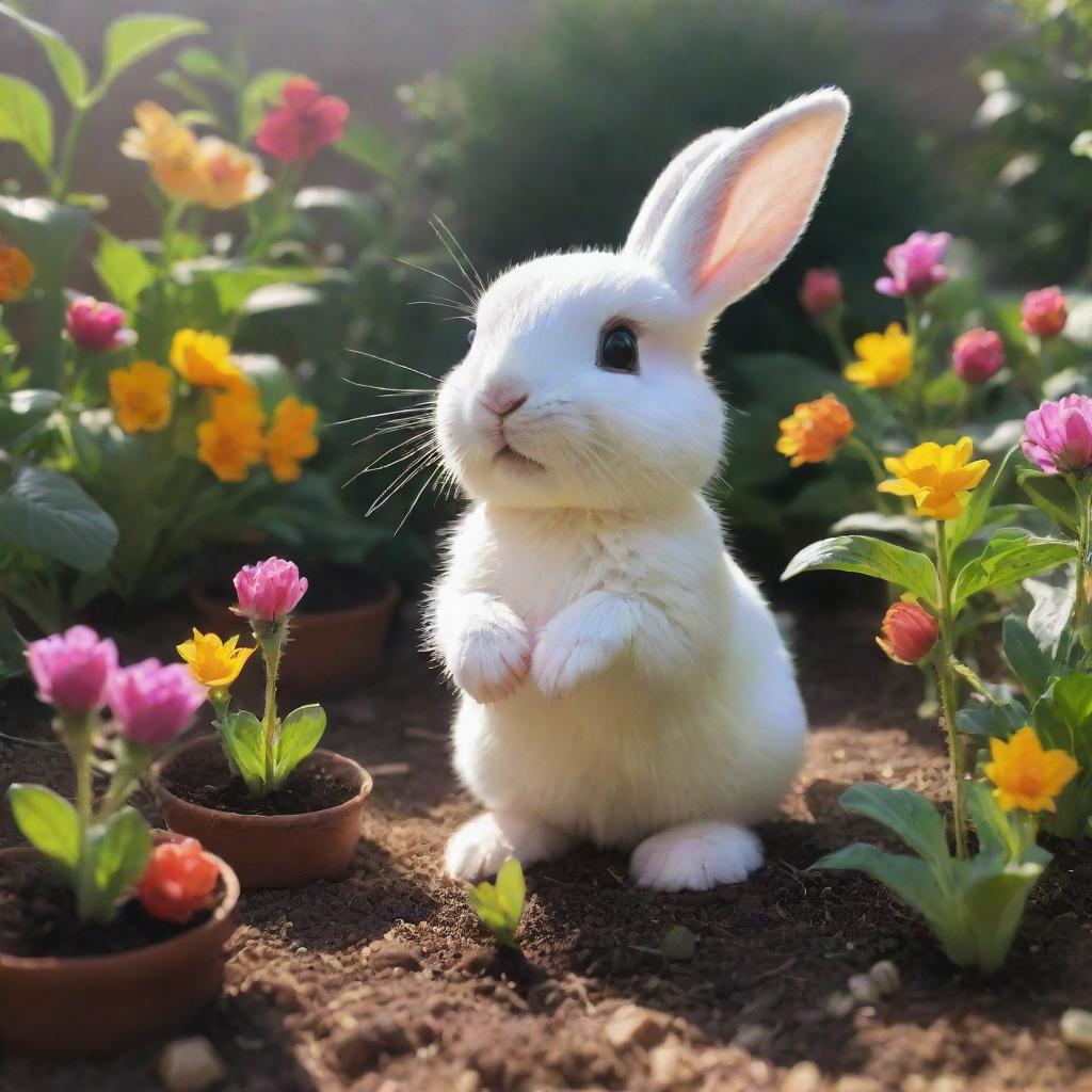 Little Luna, the tiny bunny, discovering magical, glowing seeds in her colourful garden on a bright, sunny day.