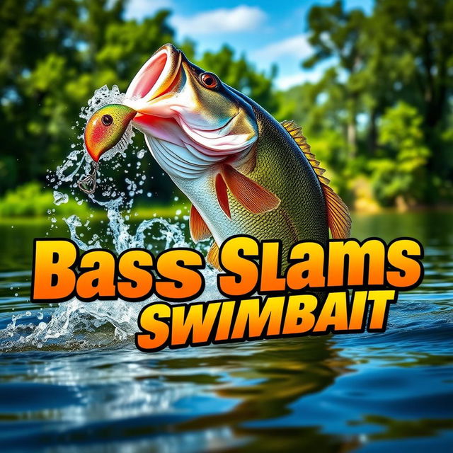 A large bass leaping out of clear, natural lake water, striking a vibrant swimbait lure with intense action and energy