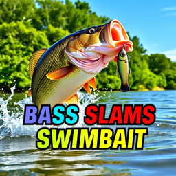 A large bass leaping out of clear, natural lake water, striking a vibrant swimbait lure with intense action and energy