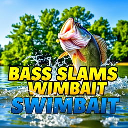 A large bass leaping out of clear, natural lake water, striking a vibrant swimbait lure with intense action and energy