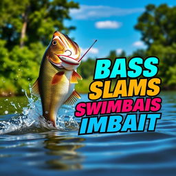 A large bass leaping out of clear, natural lake water, striking a vibrant swimbait lure with intense action and energy