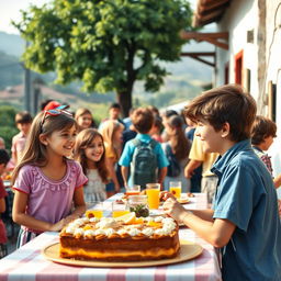 In a picturesque setting depicting the vibrant life of two small villages, Amarela and Diamante, in September 1982, students are joyfully entering their schools, filled with excitement to make new friendships and reconnect with old ones