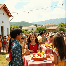 In a picturesque setting depicting the vibrant life of two small villages, Amarela and Diamante, in September 1982, students are joyfully entering their schools, filled with excitement to make new friendships and reconnect with old ones