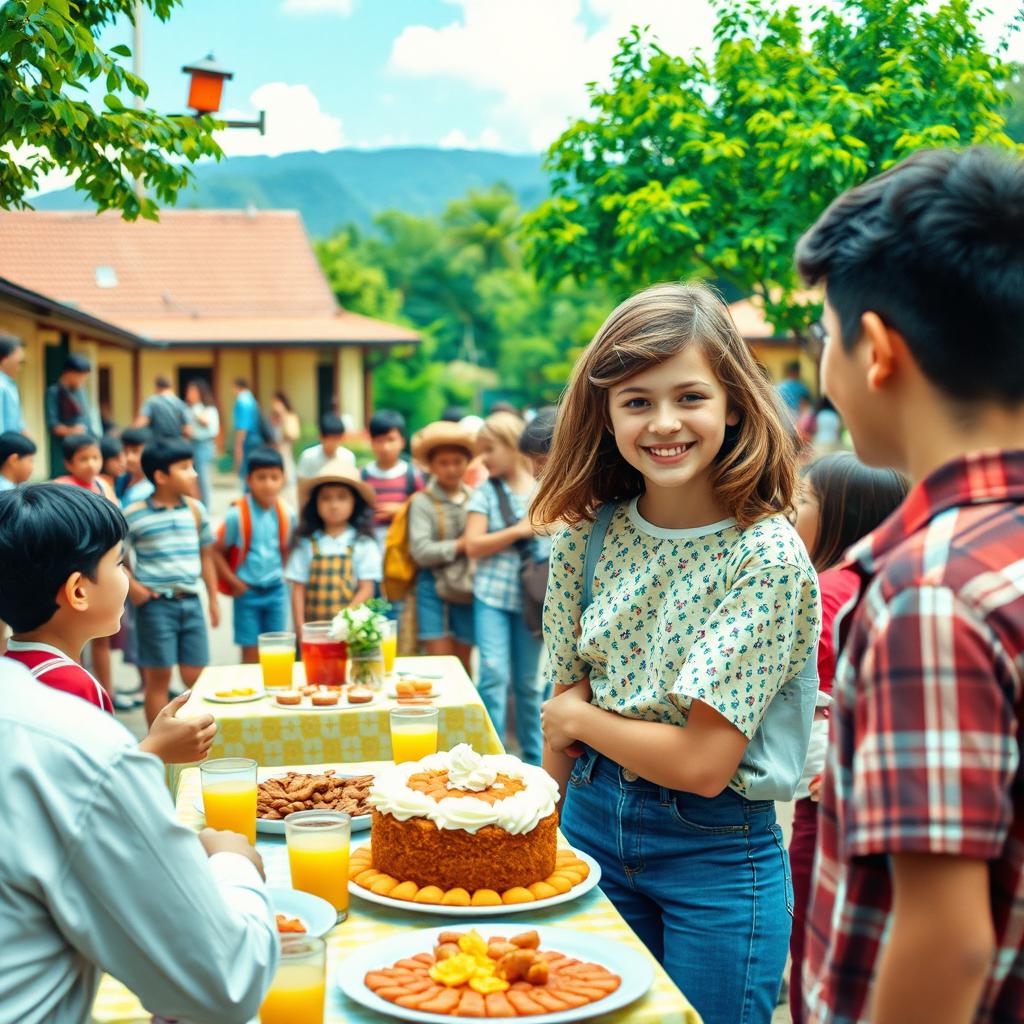 In a picturesque setting depicting the vibrant life of two small villages, Amarela and Diamante, in September 1982, students are joyfully entering their schools, filled with excitement to make new friendships and reconnect with old ones