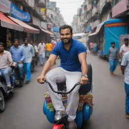 Rohit Sharma personified as a plump figure, playfully attempting to navigate a bustling Indian street, amidst the colorful array of street vendors, auto-rickshaws and pedestrians.