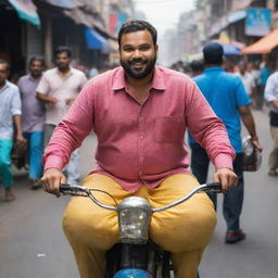 Rohit Sharma personified as a plump figure, playfully attempting to navigate a bustling Indian street, amidst the colorful array of street vendors, auto-rickshaws and pedestrians.