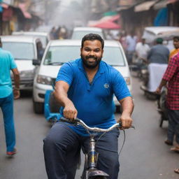 Rohit Sharma personified as a plump figure, playfully attempting to navigate a bustling Indian street, amidst the colorful array of street vendors, auto-rickshaws and pedestrians.