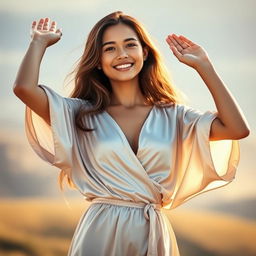 A young woman raising her arms gracefully to show off her belly button, dressed in a flowing silk dress that gently drapes her figure