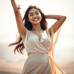 A young woman raising her arms gracefully to show off her belly button, dressed in a flowing silk dress that gently drapes her figure