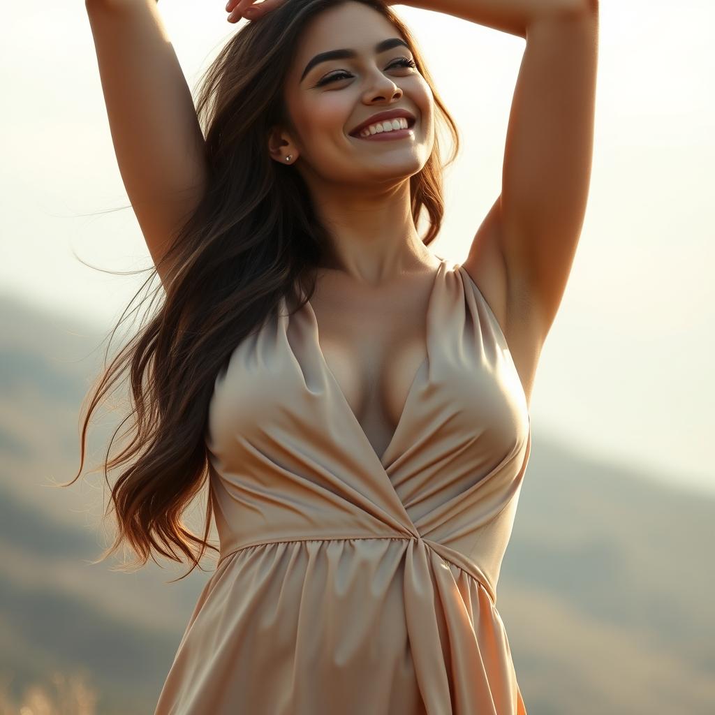 A young woman raising her arms gracefully to show off her belly button, dressed in a flowing silk dress that gently drapes her figure